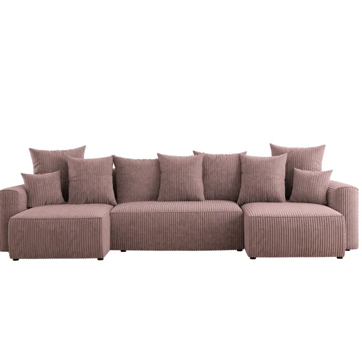 Divano letto panoramico 312x142cm velluto a coste con libreria a destra rosa antico Mistery