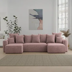 Divano letto panoramico 312x142cm velluto a coste con libreria a destra rosa antico Mistery