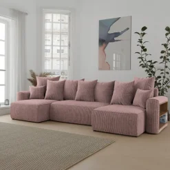Divano letto panoramico 312x142cm velluto a coste con libreria a destra rosa antico Mistery