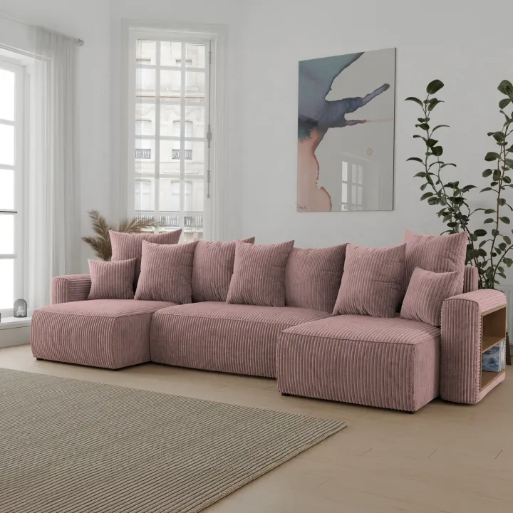 Divano letto panoramico 312x142cm velluto a coste con libreria a destra rosa antico Mistery