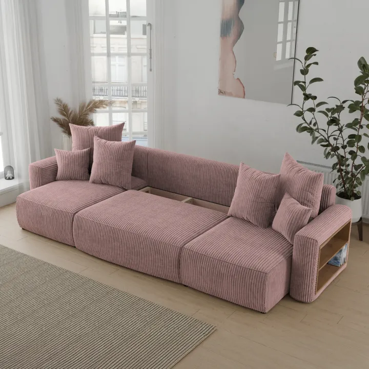 Divano letto panoramico 312x142cm velluto a coste con libreria a destra rosa antico Mistery