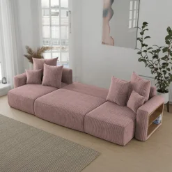 Divano letto panoramico 312x142cm velluto a coste con libreria a destra rosa antico Mistery