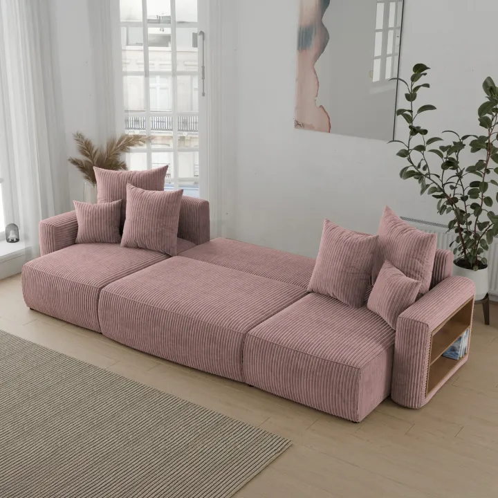 Divano letto panoramico 312x142cm velluto a coste con libreria a destra rosa antico Mistery