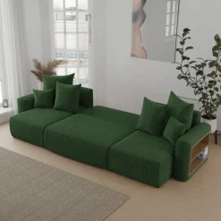 Divano letto panoramico 312x142cm velluto a coste con libreria a destra verde scuro Mistery