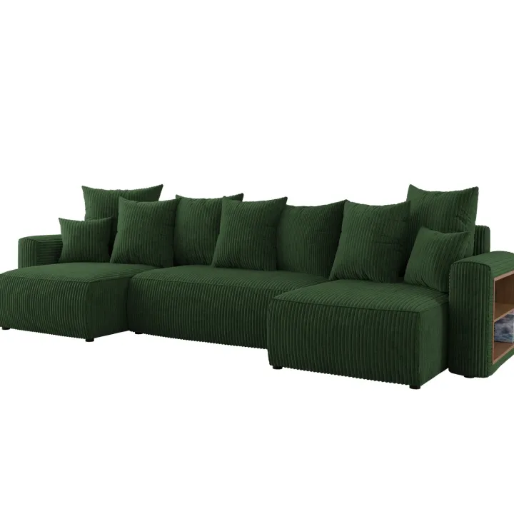 Divano letto panoramico 312x142cm velluto a coste con libreria a destra verde scuro Mistery