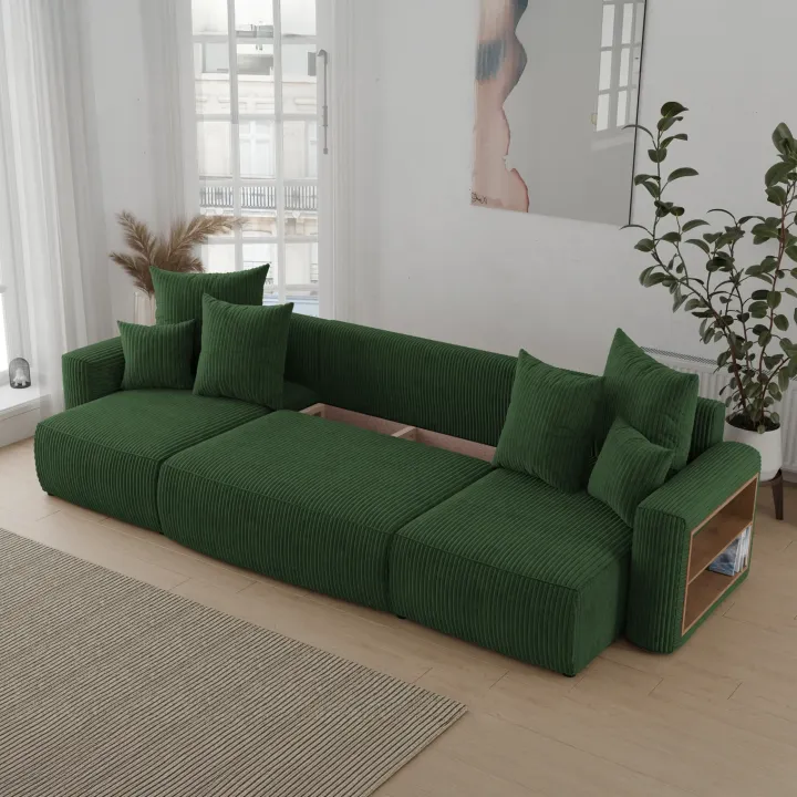 Divano letto panoramico 312x142cm velluto a coste con libreria a destra verde scuro Mistery