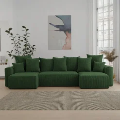 Divano letto panoramico 312x142cm velluto a coste con libreria a destra verde scuro Mistery