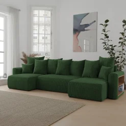 Divano letto panoramico 312x142cm velluto a coste con libreria a destra verde scuro Mistery
