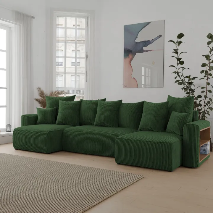 Divano letto panoramico 312x142cm velluto a coste con libreria a destra verde scuro Mistery