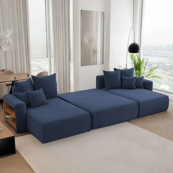 Divano letto panoramico 350x160cm velluto a coste con libreria a sinistra blu Mistery