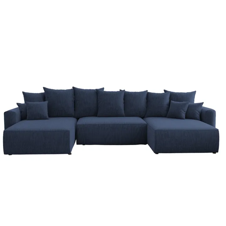 Divano letto panoramico 350x160cm velluto a coste con libreria a sinistra blu Mistery