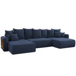 Divano letto panoramico 350x160cm velluto a coste con libreria a sinistra blu Mistery