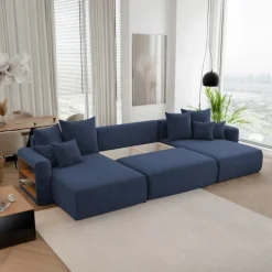 Divano letto panoramico 350x160cm velluto a coste con libreria a sinistra blu Mistery