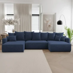 Divano letto panoramico 350x160cm velluto a coste con libreria a sinistra blu Mistery