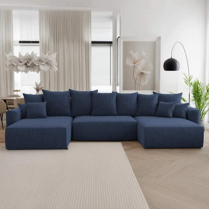 Divano letto panoramico 350x160cm velluto a coste con libreria a sinistra blu Mistery