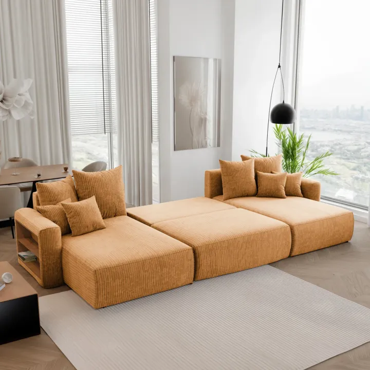 Divano letto panoramico 350x160cm velluto a coste con libreria a sinistra giallo senape Mistery