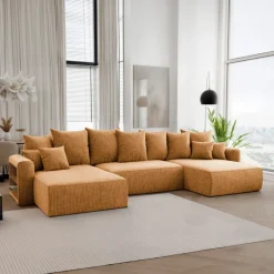 Divano letto panoramico 350x160cm velluto a coste con libreria a sinistra giallo senape Mistery