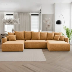 Divano letto panoramico 350x160cm velluto a coste con libreria a sinistra giallo senape Mistery