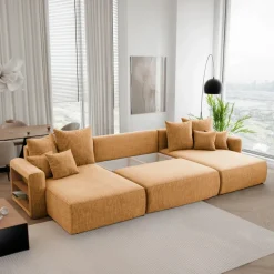 Divano letto panoramico 350x160cm velluto a coste con libreria a sinistra giallo senape Mistery