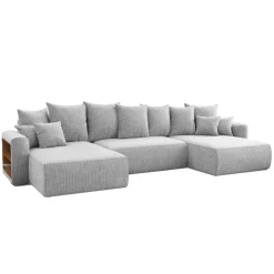 Divano letto panoramico 350x160cm velluto a coste con libreria a sinistra grigio chiaro Mistery
