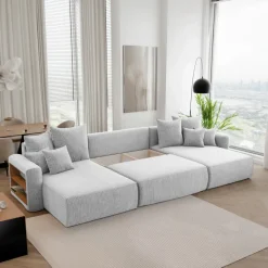 Divano letto panoramico 350x160cm velluto a coste con libreria a sinistra grigio chiaro Mistery