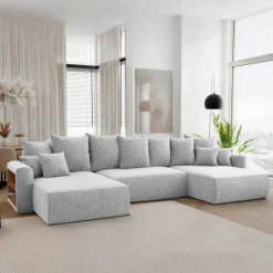 Divano letto panoramico 350x160cm velluto a coste con libreria a sinistra grigio chiaro Mistery