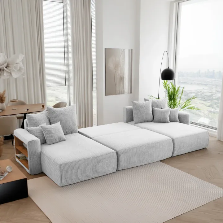 Divano letto panoramico 350x160cm velluto a coste con libreria a sinistra grigio chiaro Mistery