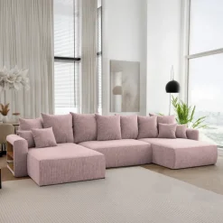 Divano letto panoramico 350x160cm velluto a coste con libreria a sinistra rosa antico Mistery
