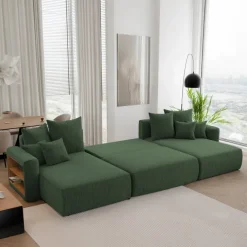 Divano letto panoramico 350x160cm velluto a coste con libreria a sinistra verde scuro Mistery