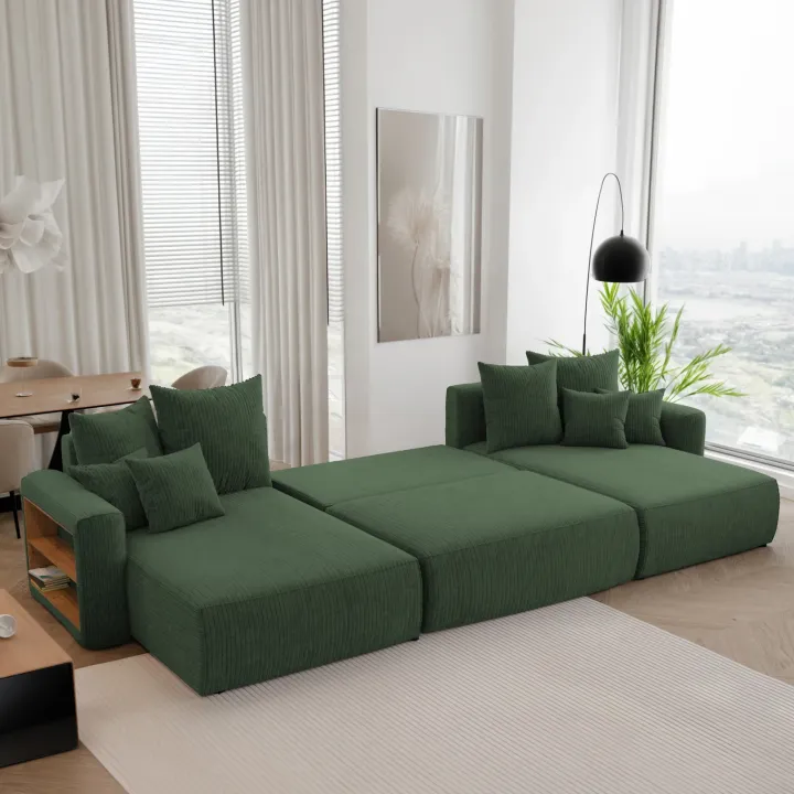 Divano letto panoramico 350x160cm velluto a coste con libreria a sinistra verde scuro Mistery