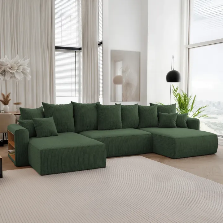 Divano letto panoramico 350x160cm velluto a coste con libreria a sinistra verde scuro Mistery