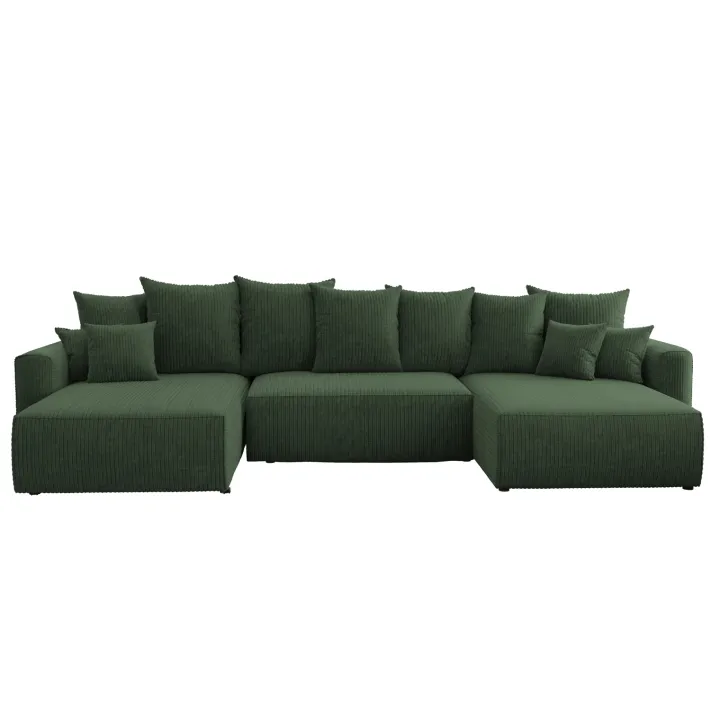 Divano letto panoramico 350x160cm velluto a coste con libreria a sinistra verde scuro Mistery