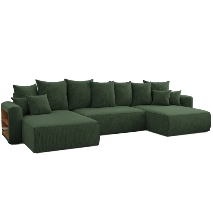 Divano letto panoramico 350x160cm velluto a coste con libreria a sinistra verde scuro Mistery