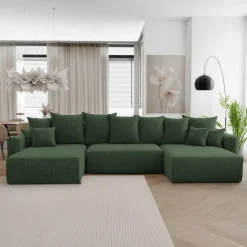Divano letto panoramico 350x160cm velluto a coste con libreria a sinistra verde scuro Mistery