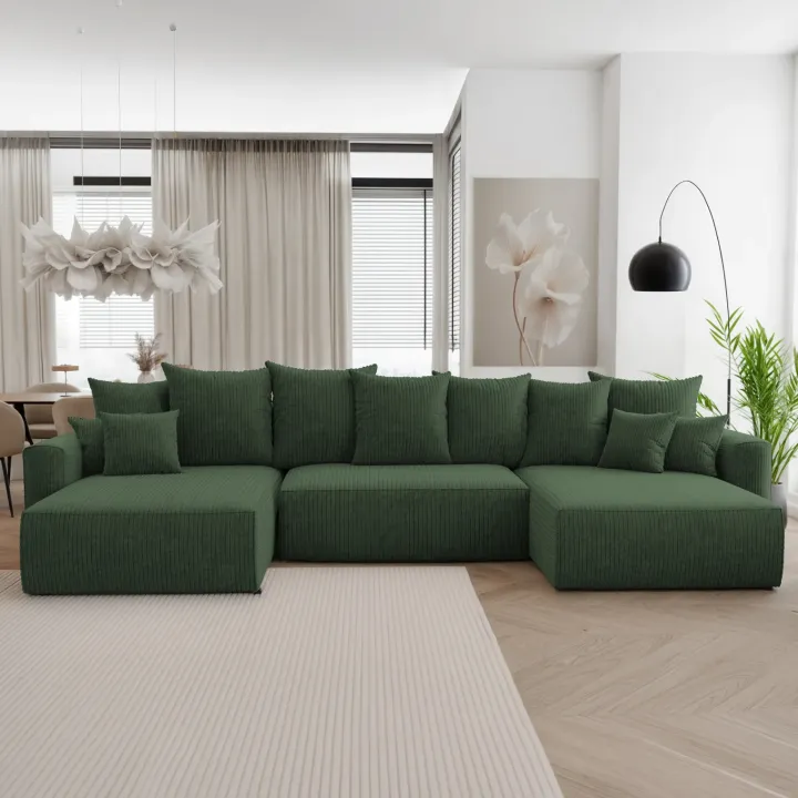 Divano letto panoramico 350x160cm velluto a coste con libreria a sinistra verde scuro Mistery