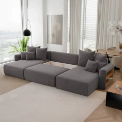 Divano letto panoramico 350x160cm velluto a coste con libreria a destra antracite Mistery