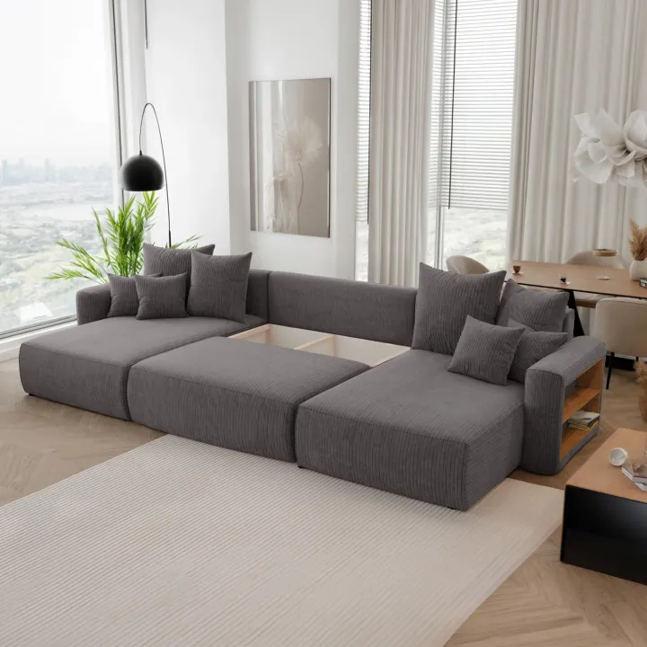 Divano letto panoramico 350x160cm velluto a coste con libreria a destra antracite Mistery