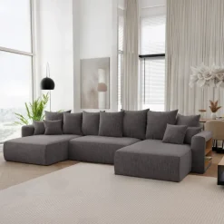 Divano letto panoramico 350x160cm velluto a coste con libreria a destra antracite Mistery