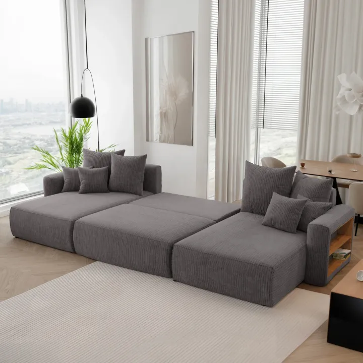 Divano letto panoramico 350x160cm velluto a coste con libreria a destra antracite Mistery
