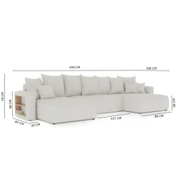 Divano letto panoramico 350x160cm velluto a coste con libreria a destra antracite Mistery