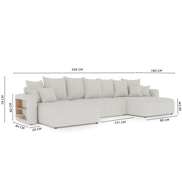 Divano letto panoramico 350x160cm velluto a coste con libreria a destra antracite Mistery