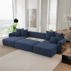 Divano letto panoramico 350x160cm velluto a coste con libreria a destra blu Mistery