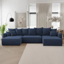 Divano letto panoramico 350x160cm velluto a coste con libreria a destra blu Mistery