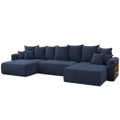 Divano letto panoramico 350x160cm velluto a coste con libreria a destra blu Mistery