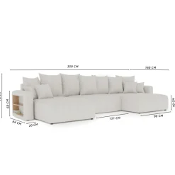 Divano letto panoramico 350x160cm velluto a coste con libreria a destra blu Mistery