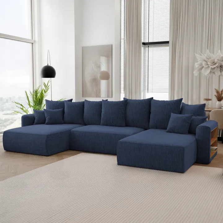 Divano letto panoramico 350x160cm velluto a coste con libreria a destra blu Mistery