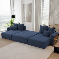 Divano letto panoramico 350x160cm velluto a coste con libreria a destra blu Mistery