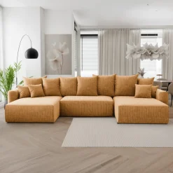 Divano letto panoramico 350x160cm velluto a coste con libreria a destra giallo senape Mistery