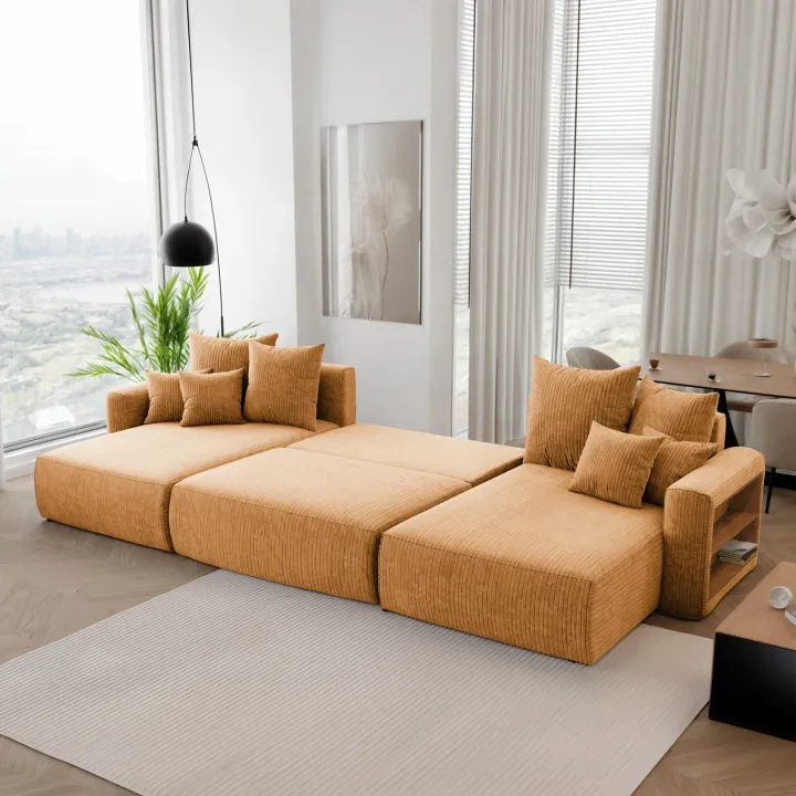 Divano letto panoramico 350x160cm velluto a coste con libreria a destra giallo senape Mistery