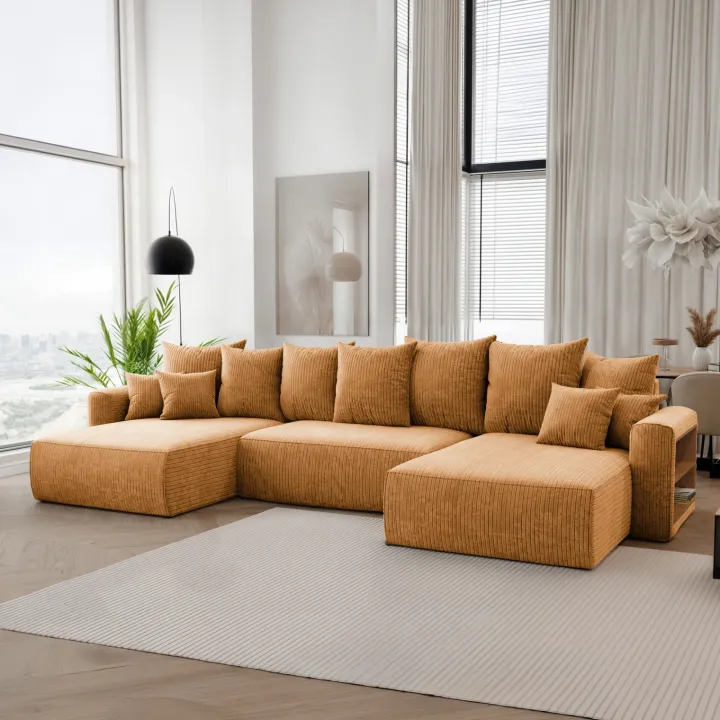 Divano letto panoramico 350x160cm velluto a coste con libreria a destra giallo senape Mistery